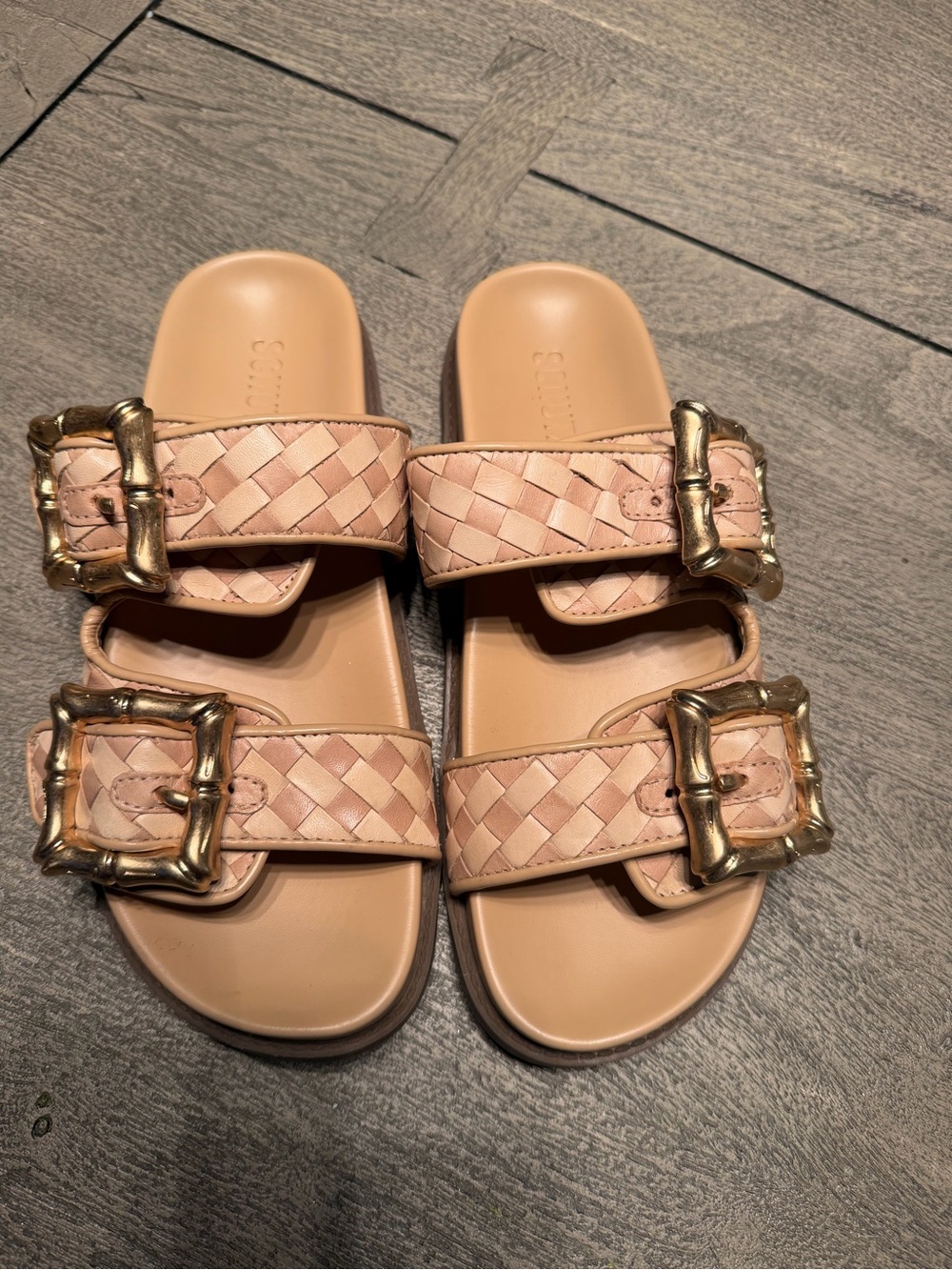 Schutz Enola Woven Double-Buckle Slide Sandals